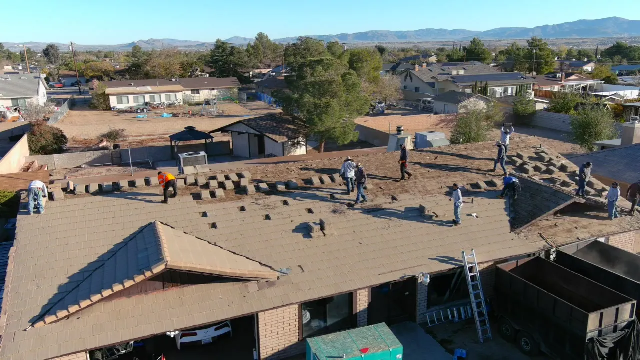 Aerial of a Pacific Roofing crew during a residential reroof