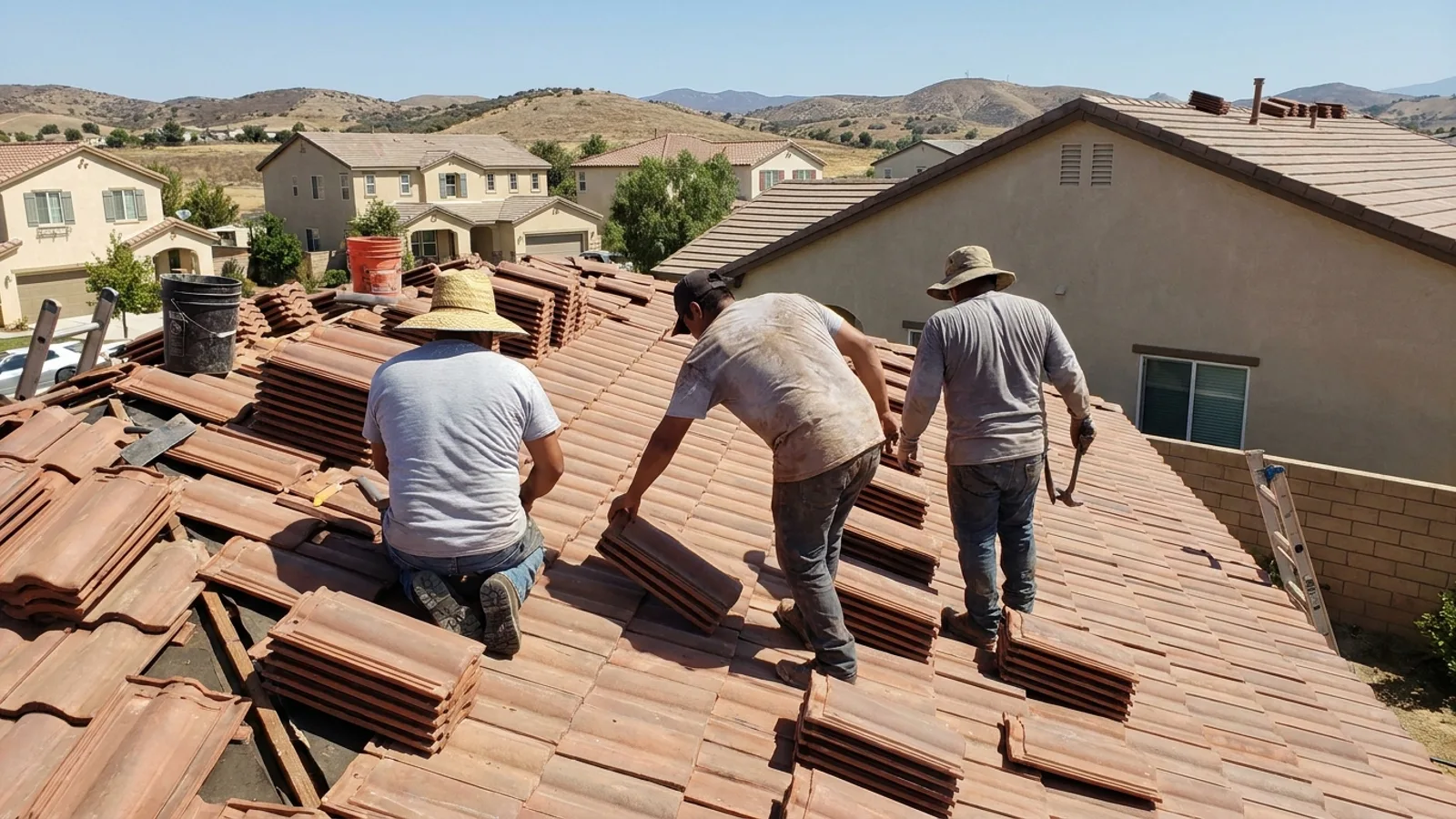 Pacific Roofing crew installing clay tile on a roof (sample image)