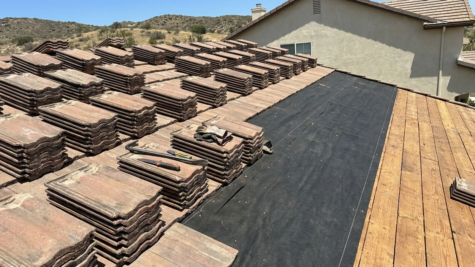A tile roof mid-reroof with the tiles lifted and the underlayment exposed (sample image)